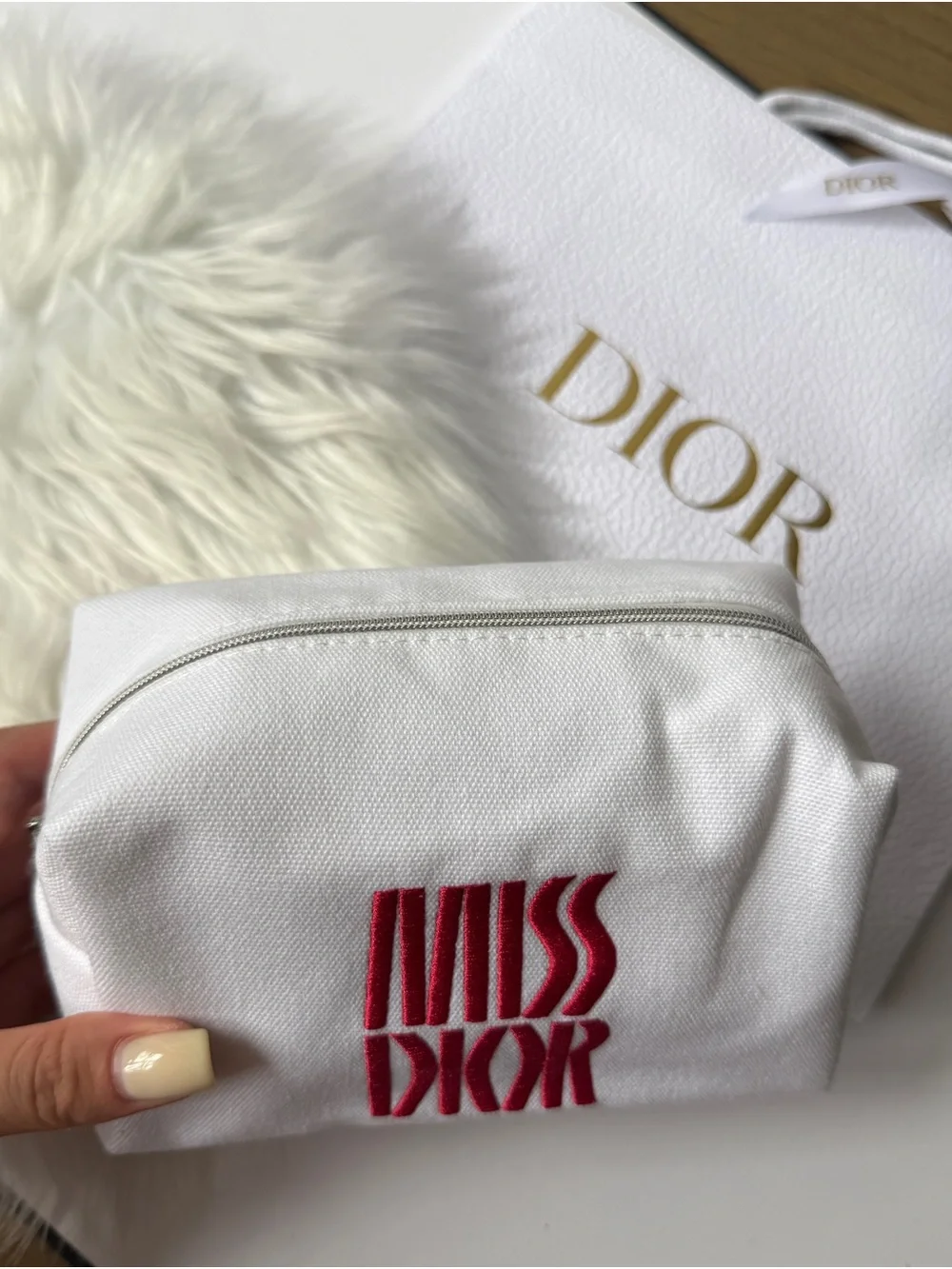 Miss Dior White Canvas Pouch with Pink 'Miss Dior' Embroidery New